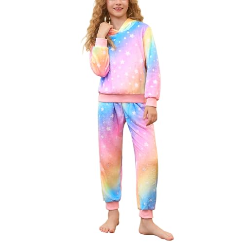 QPANCY Girls Fleece Pajamas Two Piece Soft Cozy Hoodie Pjs Set kids Fall Winter Long Sleeve Loungewear