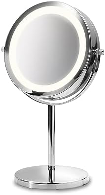 Medisana CM 840 Espejo de maquillaje con iluminación LED, Espejo de maquillaje con aumento de 5 veces, Espejo de mesa, doble cara, Giratorio 360 grados, Plateado, 31,5 x 20,5 cm