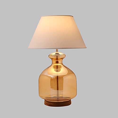 Image of Alper Amber Luster Glass Table Lamp with White Cotton Shade | Modern Designer Bedside & Living Room Decorative Table Light (Bulb Included)