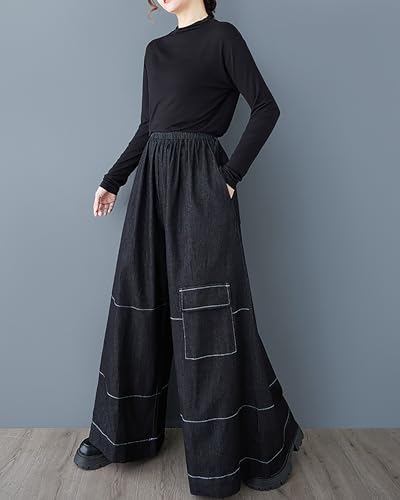 ellazhu Women's Pants Wide Leg Elastic Leg Two Side Pockets Flowy Straight Hem Strings Oversize Loose Casual GZ3863