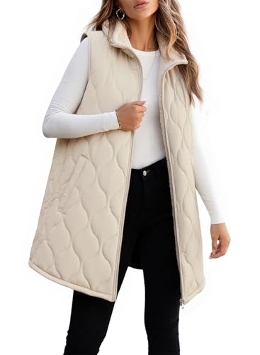 Image of ECOWISH Women Long Puffer Vest: Fall Zip up Reversible Fleece Jacket 2025 Winter Warm Sleeveless Hooded Coat with Pockets 462 Light Khaki M