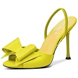 ITOZER Satin High Heels Mules Open Toe Slingback Sandals Bow Stiletto Sexy Heel Wedding Party Shoes,Yellow,Size 9