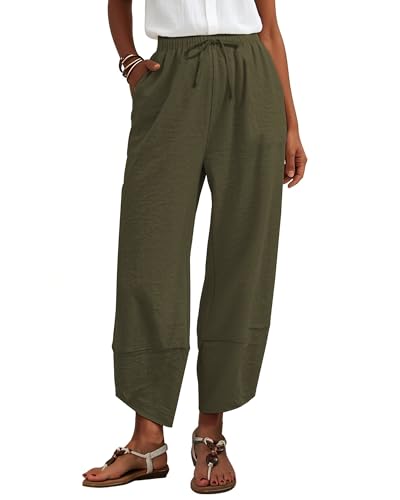 Ficerd Women’s Linen Wide Leg Pants, Summer Casual Beach Harem Pants Loose Elastic Waist Drawstring Palazzo Pant with Pockets