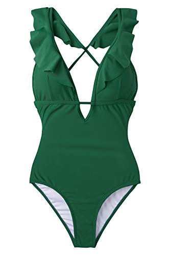 CUPSHE Women's One Piece Swimsuit Ruffle Deep V Neck Strappy Swimwear Bathing Suits Green, S