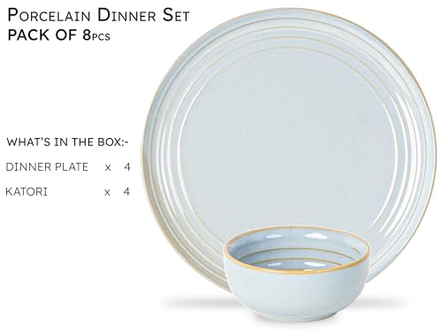 Image of Bodhi House Handcrafted Chip Resistance Porcelain Dinner Set, 8 Pieces Serving for 4, Microwave and Dishwasher Safe, Bone-ash Free, Crockery Set for Dining and Gifting, Arctic Blue