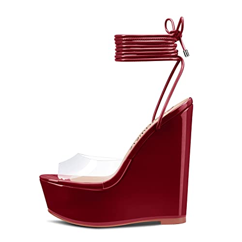 Castamere Womens High Wedge Platform Heel Peep Open Toe Ankle Strap Sandals Lace Wedding Clear Dress Shoes 5.9 Inches Heels2