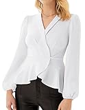 Elegant camisa de cuello clásico para mujer, diseño de hombros abullonados de manga largo, dobladillo cruvo, te hace muy alegre y linda