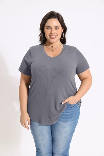 Image of CARCOS Plus Size Tops for Women Short Sleeve Shirts Basic Tee Solid Color Blouse V Neck Tunic Loose Fit Tshirts Summer XL-5XL