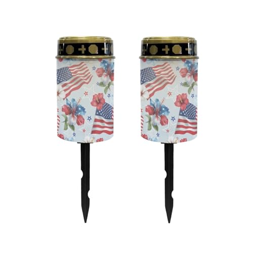 Image of Poceacles American Flag Hibiscus Flower Outdoor Solar Lights Garden Cemetery Flameless Candle America 250th Anniversary Printed Solar Garden Stake Lights for 4th of July Decorations, Pack of 2