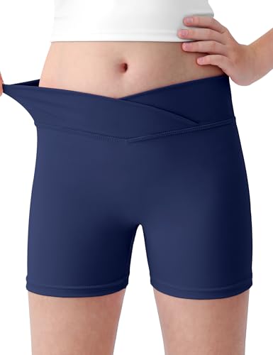 Girls Athletic Shorts Elastic V-Cross Waist Comfortable Workout Shorts for Teen Kids Biker Volleyball Gymnastics Dance Yoga Ballet Size 9-10 Years Navy Blue