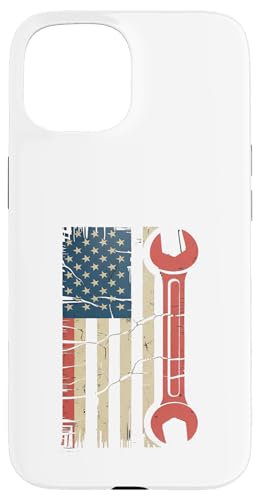 自動車修理士 自動車整備士 レンチ 工房 ツール USA 国旗 スマホケース iPhone 15 用