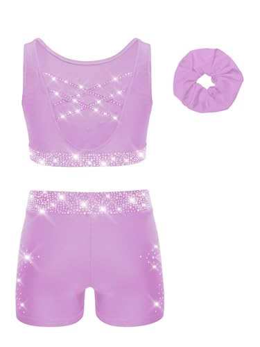 Kids Girls 3 Piece Gymnastic Dance Outfit Crop Top With Booty Shorts Hair Band Set For Yoga Training Light Purple 14 Years2