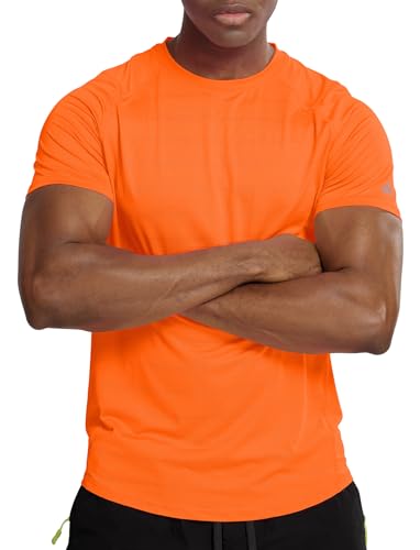 Workout Shirts for Men Dry Fit Moisture Wicking Fitted Short Sleeve (Neon Orange XL)