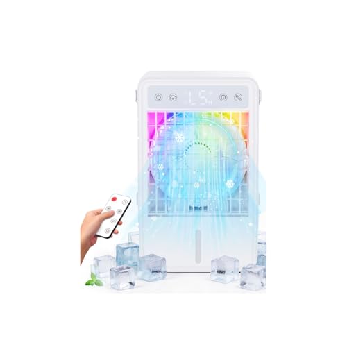 Mobiles Klimagerät - Klimaanlage Mobil Klein Luftkühler mit 1500ML Wasserkühlung USB Mit Funkfernbedienung 3 Betriebsmodi & 5 Geschwindigkeitsstufen 2-10H Timer & RGB-Licht Ideal für Kleine Räume