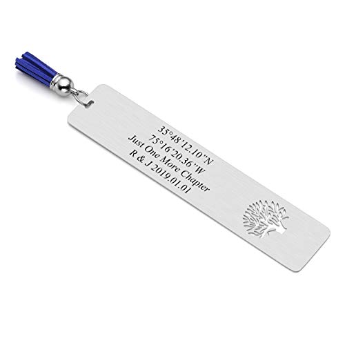 BOPREINA Personalized Gravur 30 * 140mm Edelstahl Lesezeichen mit Blau/Braun Quasten Buchzeichen Bookmark Buch Zubehör, Silber (Blau Quasten, Hohl Baum des Lebens) Cover