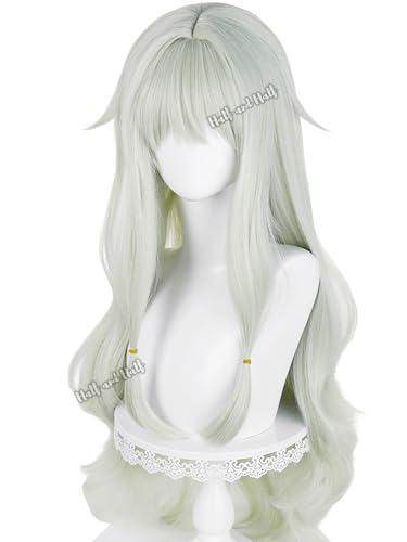 Image of Half and Half Long Light Green Curly Anime Cosplay Game Wig for Women 34.6'' Pastel Green Wave Virtual Singer Wig with Bangs Wigs for Halloween Party Costumes Daily