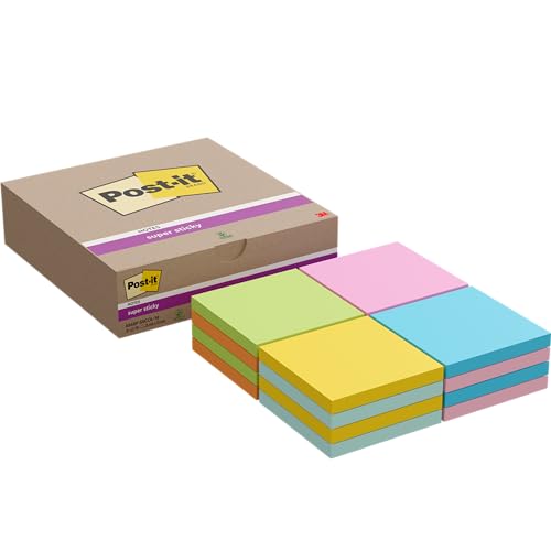 Image of Post-it Super Sticky Notes Pack of 16 Pads, 90 Sheets Per Pad, 76 x 76 mm, Pink, Orange, Blue, Green, Yellow - Extra Strong Sticky Notes for To-Do Lists and Reminders