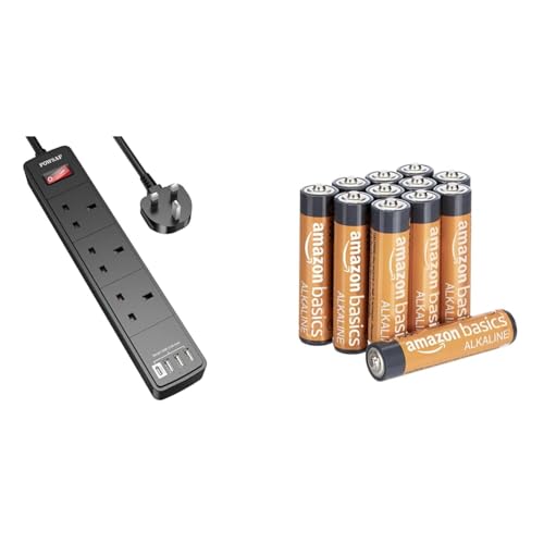 Extension Lead with 4 USB Slots (3.4A, 1 Type C and 3 USB-A Ports),POWSAF Power Strip Surge Protector & Amazon Basics AAA Alkaline Batteries, High-Performance (Triple A), 10-Year Shelf Life, 12-Pack