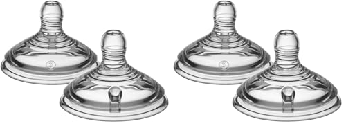 Tommee Tippee Natural Start - Tetinas para biberón, flujo rápido, más de 6 meses, similar al pecho para un cierre natural, válvula anticólicos, silicona suave, paquete de 4