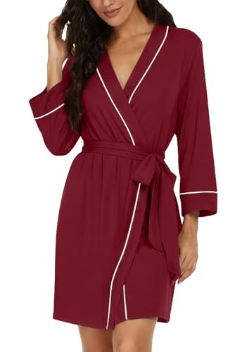 Image of PrinStory Womens Robe Knee Length Soft Knit Bathrobe S-2XL | V-Neck 3 /4 Sleeve Robes with Pockets, Lightweight, Breathable Bath Robe for Shower, Spa, Travel, Home, Party, Nursing