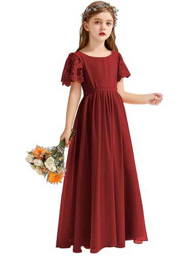 Flower Girl Dresses for Wedding Scoop Neck Short Sleeve A Line Chiffon Long Junior Bridsmaid Dresses with Sash3