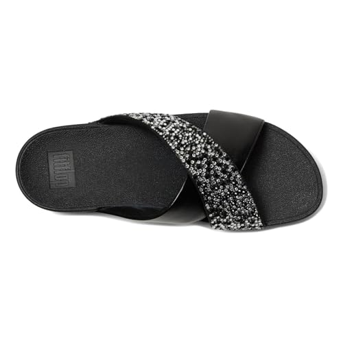 Image of FitFlop Womens Lulu Crystal-Mix Metallic Cross Slides All Black Sandal