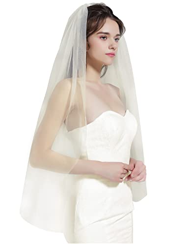 BEAUTELICATE Wedding Bridal Veil Cut Edge with Comb 1 Tier Fingertip&Cathedral Length(Fingertip Length 39 Champagne)
