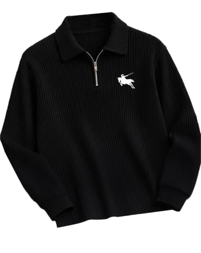 Buy AUSK Men's Frill Texture Polo T-Shirt | Solid Polo Zip Collar Full Sleeve T Shirt for Mens | Regular Fit Casual Wear Tshirt for Men Black at Amazon.in - Image 2