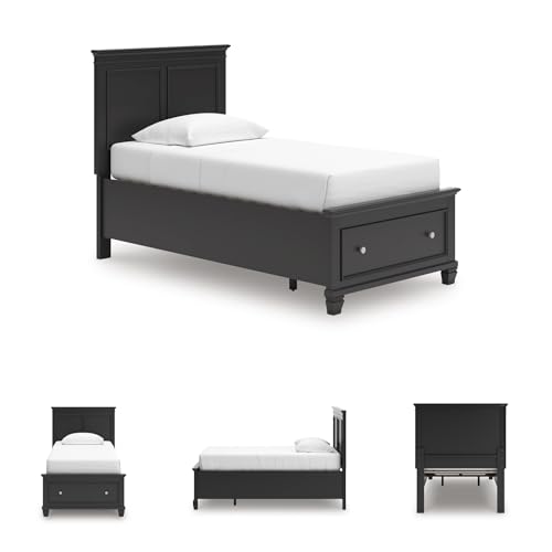 Image of Signature Design by Ashley Lanolee Twin Platform Storage Bed, Black | Hardwood solids with birch veneer and engineered wood, Extra deep footboard storage drawer, Platform design, Casual style