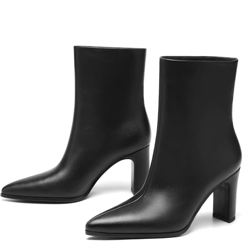 Women’s Pointed Toe Ankle Boots, Triangle Block Heel Booties, Pull-On Smooth Faux Leather Dress Boots, Fashion Fall boots for Women3