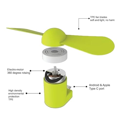Image of USB Type C Mini Fan Pack of 2 for Mobile Phone Portable Flexible Cooling Fan Compact Pocket Travel Gadget for Android Smartphones OTG Plug & Play Silent Personal Cooling Fan Green Color
