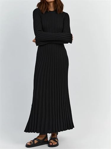 Image of Women's Long Sleeve Sweater Dress Ankle Length Fall Dress Vneck Knit Winter Dress