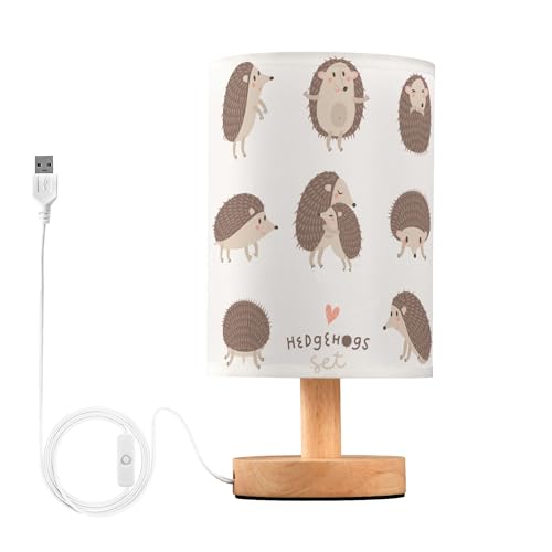 YYZZH Table Lamp Cute Hedgehog Cartoon Pattern Nightstand Lamp with Wood Base Fabric Lamp Shade Bedside Desk Lamp for Living Room Bedroom Kids Room Office