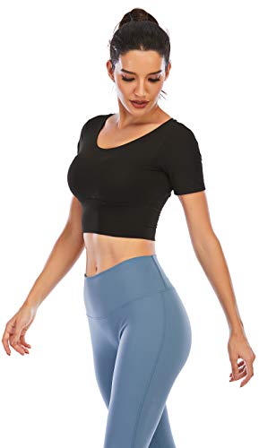 Image of Ecupper Womens Short Sleeve Sport Crop Top Strappy Padded Backless Yoga Top Workout Fitness Shirt