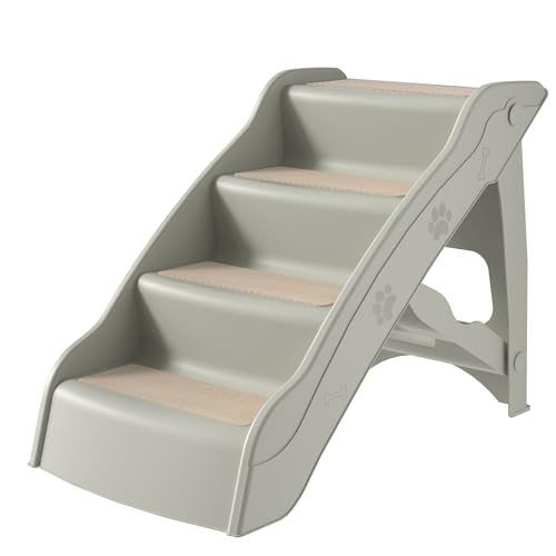 Aufun Hundetreppe 4 Stufen Faltbare Haustiertreppe mit Rutschfester Matte, 50 cm hohe Katzentreppe,Hunderampe Max. Belastung 75 kg, Tragbare Haustiertreppe für Hunde und Katzen,Bett oder Sofa(Grau)