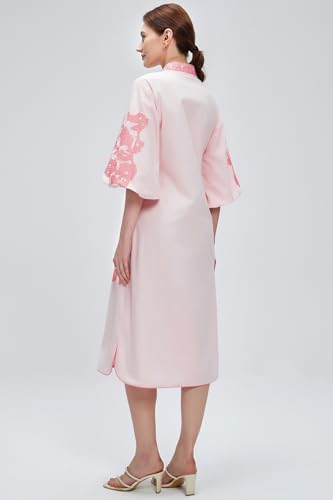 D-Sun Women Floral Embroidery Mid Dress Casual V-Neck 3/4 Sleeves Fall Winter Tunic Loose Zip Party Dress with Pocket4