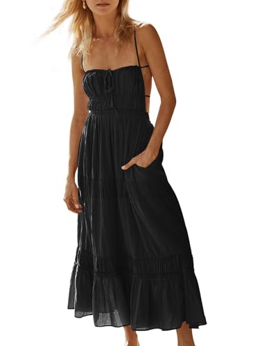 Image of Wenrine Womens Summer Beach Dresses Backless Spaghetti Straps Self Tie Tiered Flowy Casual Maxi Dress with Pockets