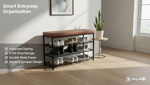 Image of Metal Shoe Rack Bench for Entryway | 3-Tier Shoe Organizer with Comfortable Cushion | Multipurpose Hallway Storage Furniture (Black, Heavy Duty Steel) (Black, 3-Tier Rack)