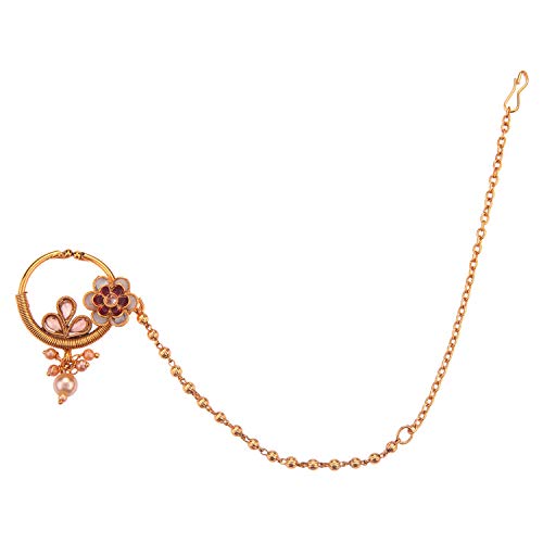 Efulgenz Indian Bollywood Crystal Kundan Bridal Nose Ring Hoop Pin with Pearl Chain Wedding Bridal Nath No Piercing Jewelry Accessories