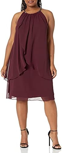 S.L. Fashions womens Plus-size Embellished Halter Neck Tier Special Occasion Dress, Fig, 16 Plus