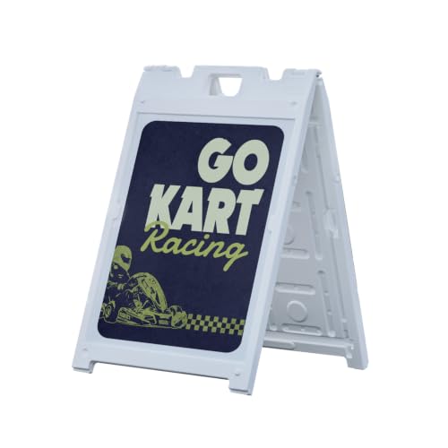 Go Kart Racing 18" x 24" Double Sided A-Frame Sidewalk Sign, Includes 2 Corrugated Plastic Inserts | Foldable Portable White Signicade Sandwich Board Signs