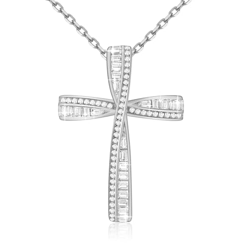 OKISIL Cross Necklace for Women, 925 Sterling Silver 18K Gold Plated Cross Necklaces for Women, Cross Pendant with 5A Cubic Zirconia Diamond, Birthday Christmas Jewelry Gifts for Women Her Wife (White gold)