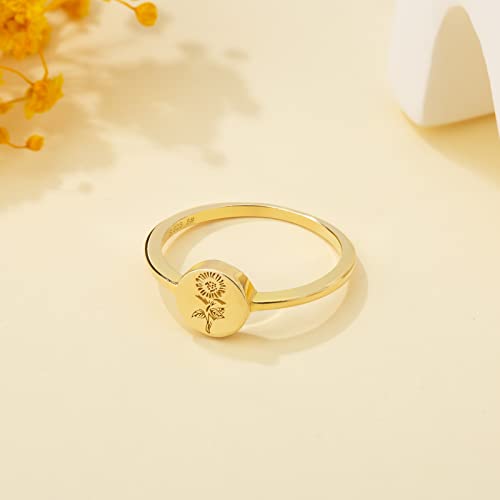 Yegieonr 18K Gold Plated Sterling Silver Rings For Women, Handmade Engraved Sunflower Flower Signet Rings Minimalistic Statement Ring, Delicate Jewelry Gift For Women/Girls #TOP3