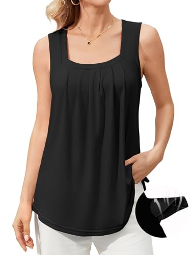 V FOR CITY Women Flowy Tank Top with Built in Bras Pleated Square Neck Tunic Tops Loose Summer Tanks Shirts