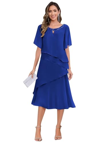 Tea Length Mother of The Bride Dresses for Women Chiffon Sequin Neck Short Sleeve A Line Formal Evening Gown