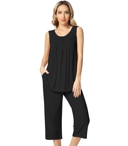 Image of NACHILA Pajamas for Women-Viscose Made from Bamboo, Sleeveless Pjs Top and Capri Pants Pajama Set Cool Pleated Sleepwear