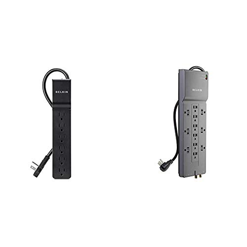 Belkin 6-Outlet Power Strip Surge Protector w/Flat Rotating Plug, 6ft Cord (600 Joules) & 12-Outlet Power Strip Surge Protector w/ 8ft Cord (3,940 Joules), Gray