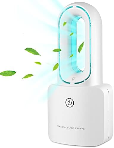 Bladeless Desk Fan Rechargeable, Small Bladeless Private Fan Quiet Mini Desk Fan, 12”Small Fan for Bed room and Workplace, USB or 4000mAh Battery Operated, with Contact Management 6-Colours LED Mild