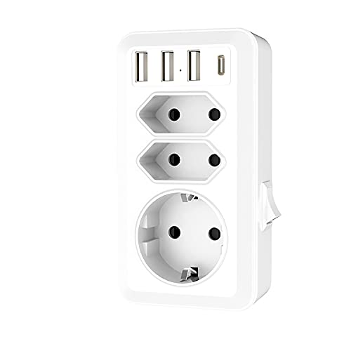Saiwill-Enchufe-USB-Pared-con-3-Puertos-USB-1-Puertos-Tpye-c-y-3-Tomas-de-CA-Ladron-Enchufe-Multiple-Pared-Usado-para-Officio-BanoSala-o-HabitacionBlanco