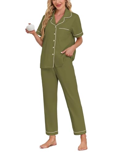 Image of COLORFULLEAF Women's 100% Cotton Pajamas Set Button Down Sleepwear Short Sleeve Shirt and Long Pants Soft Ladies Lounge Sets